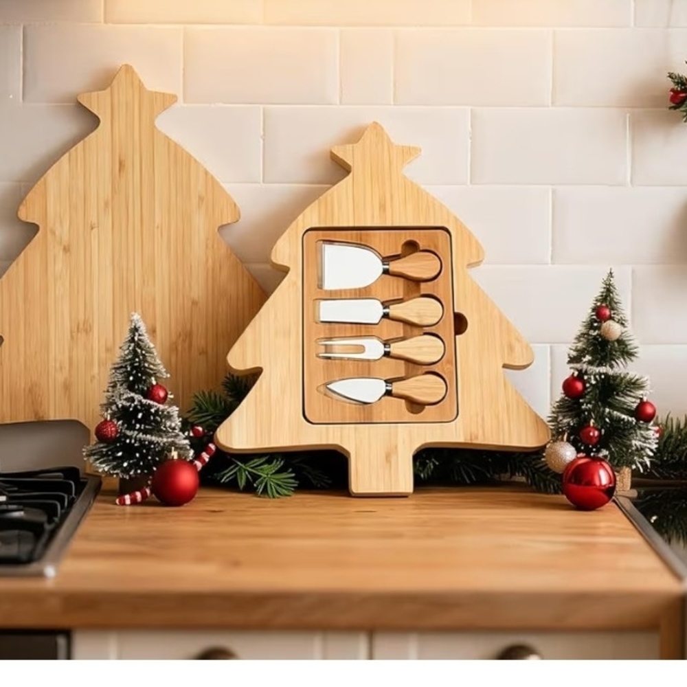 Holiday Tree Shaped Bamboo Charcuterie Board with Utensils